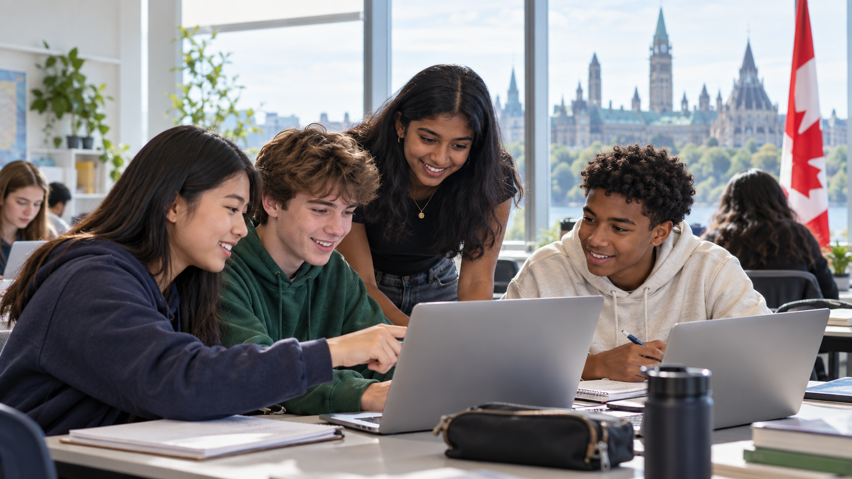 Four young people collaborating around laptops in a Canadian learning environment
