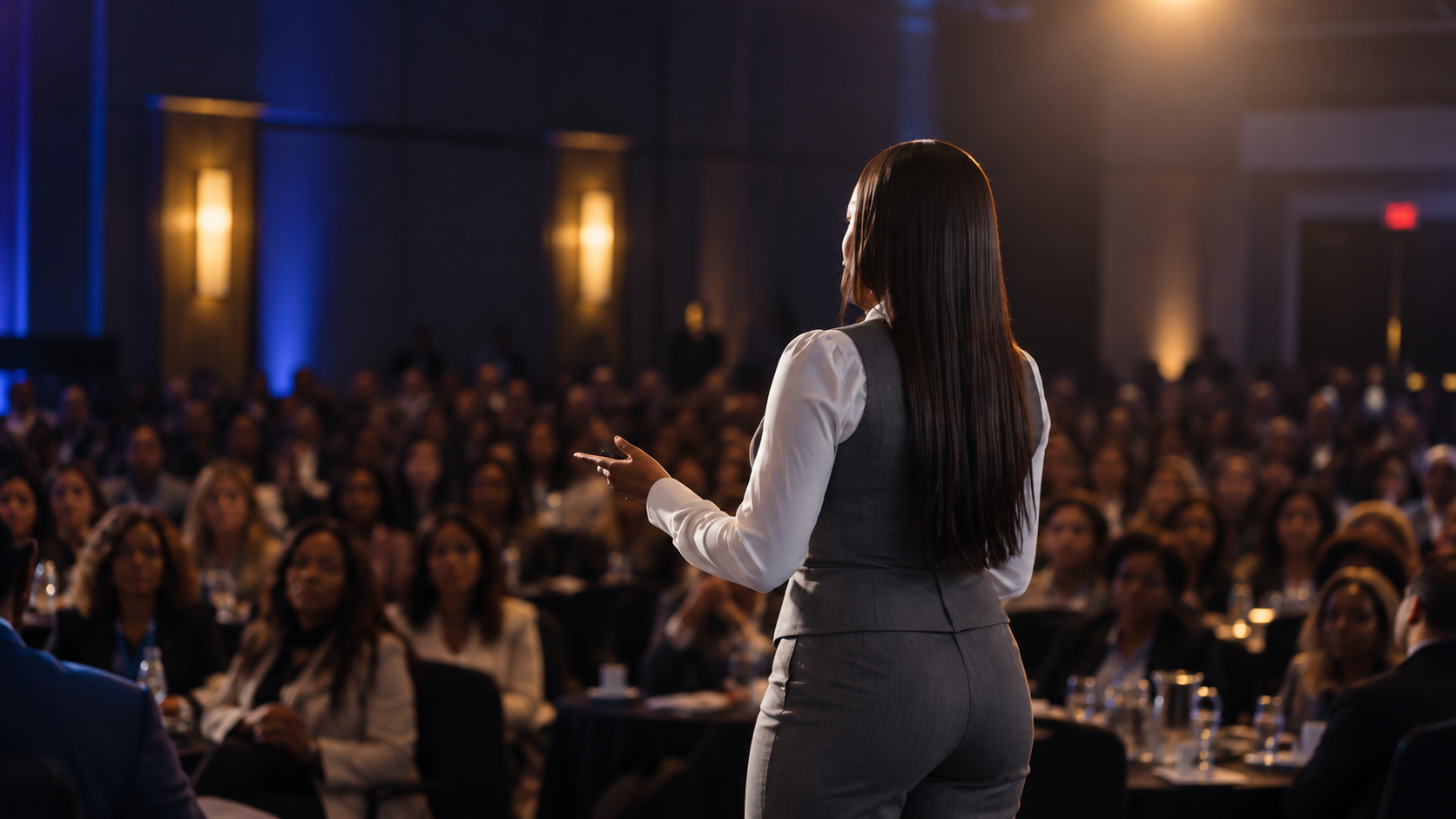 Stephanie Martin seen from behind addressing an audience