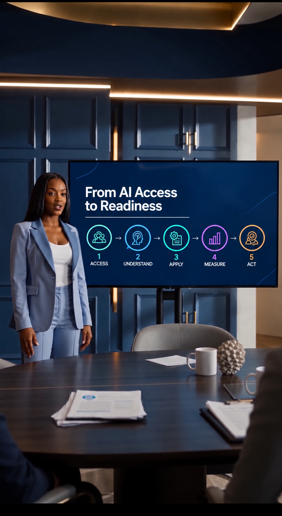 Stephanie Martin standing beside a presentation board showing From AI Access to Readiness